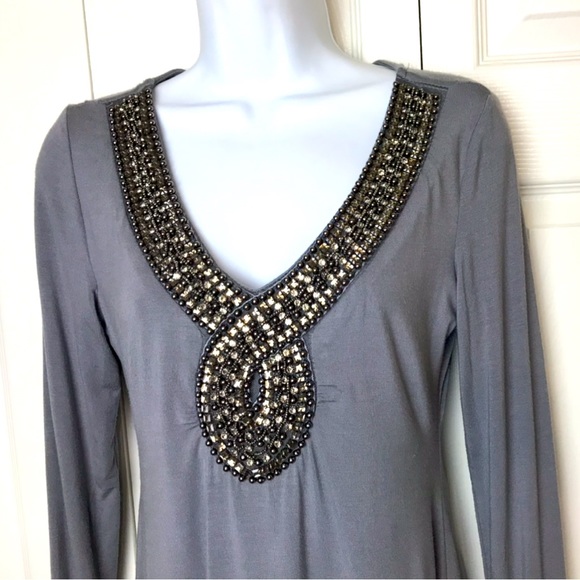 BOSTON PROPER Embellished Neckline Blouse Shirt Top Gray Necklace Rhinestones - Picture 4 of 11